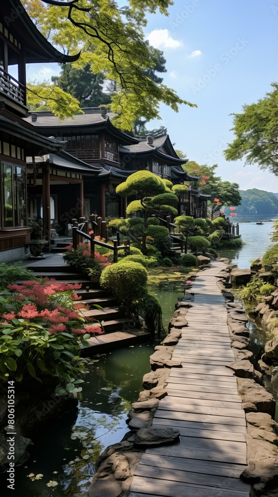 Japanese traditional courtyard with a beautiful garden and a pond