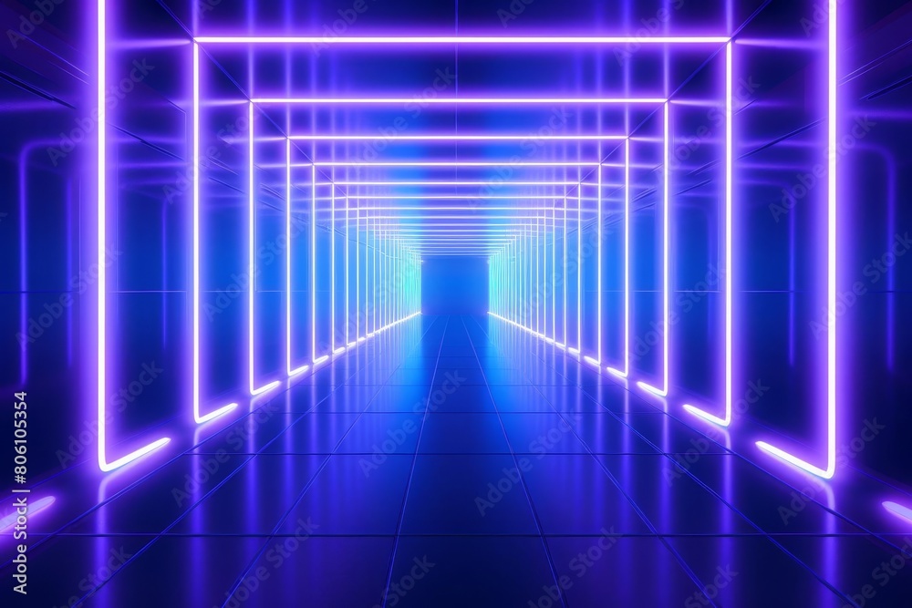Abstract corridor with layered neon blue lights that fade into the distance Abstract corridor with layered neon blue lights that fade into the distance