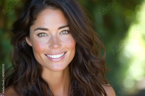 portrait of a smiling young woman with green eyes and long brown hair photo