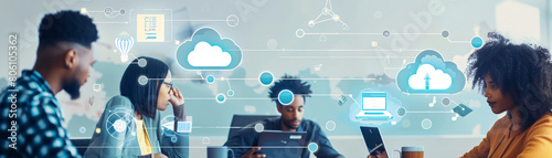 A portrait of a digital workforce collaborating through cloud computing platforms, signifying labor market evolution
