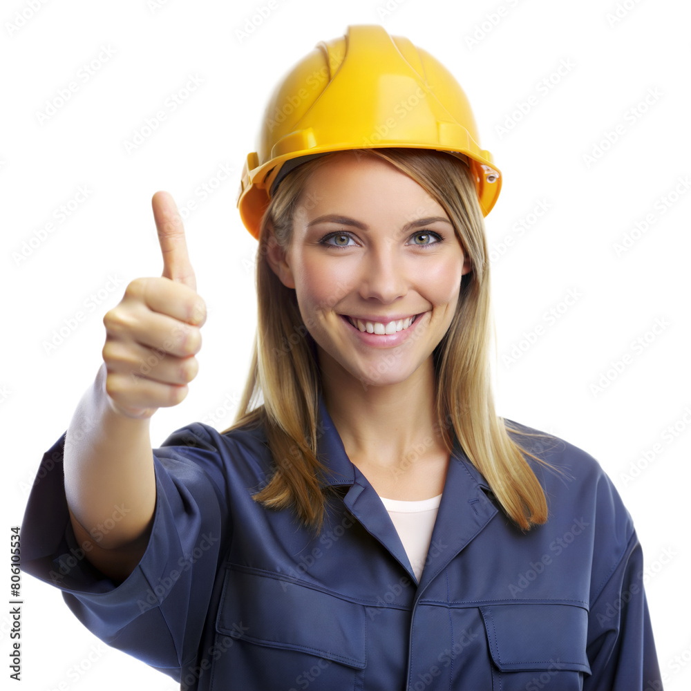 Confident woman in hard hat and work clothes with thumbs up Confident woman in hard hat and work clothes with thumbs up