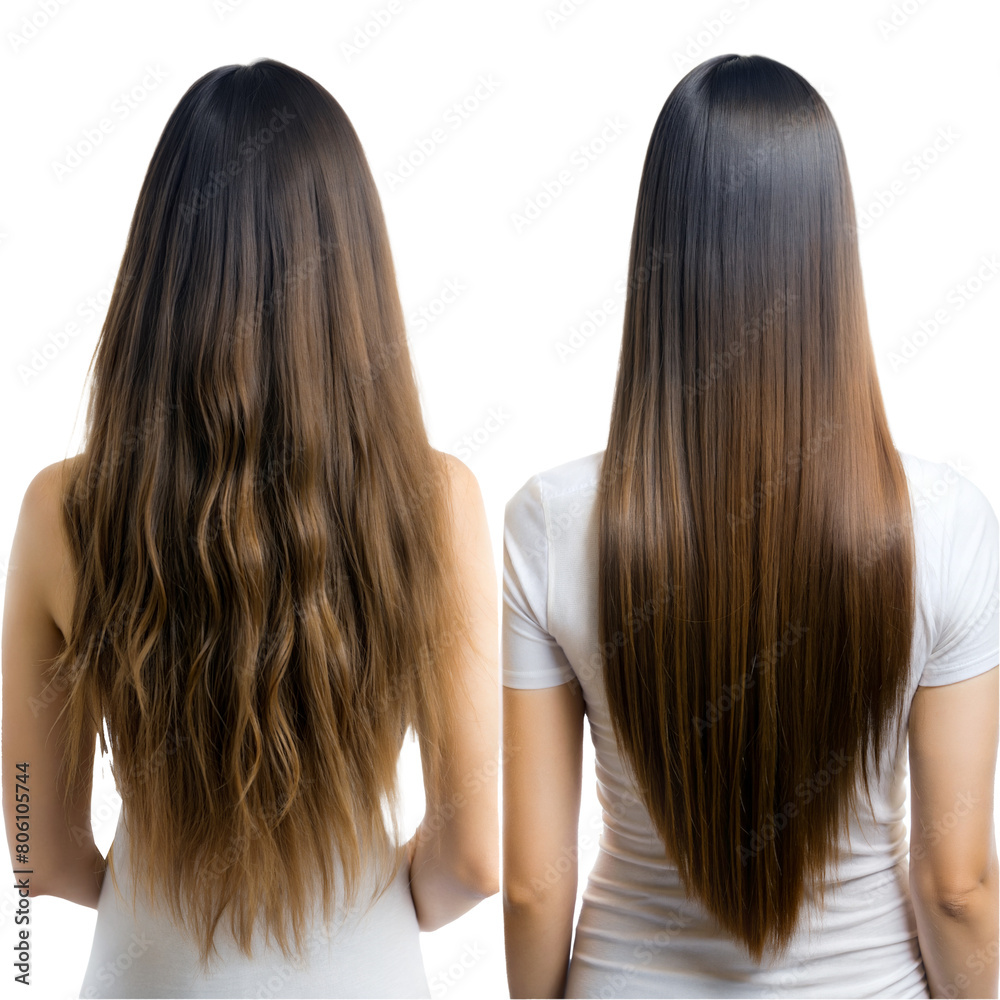 Comparison of untreated and treated long hair on a woman Comparison of untreated and treated long hair on a woman