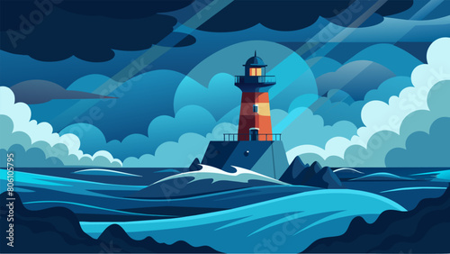 A stormy sea with a distant lighthouse signifying the guiding light and inner calm found in living by stoic principles.. Vector illustration