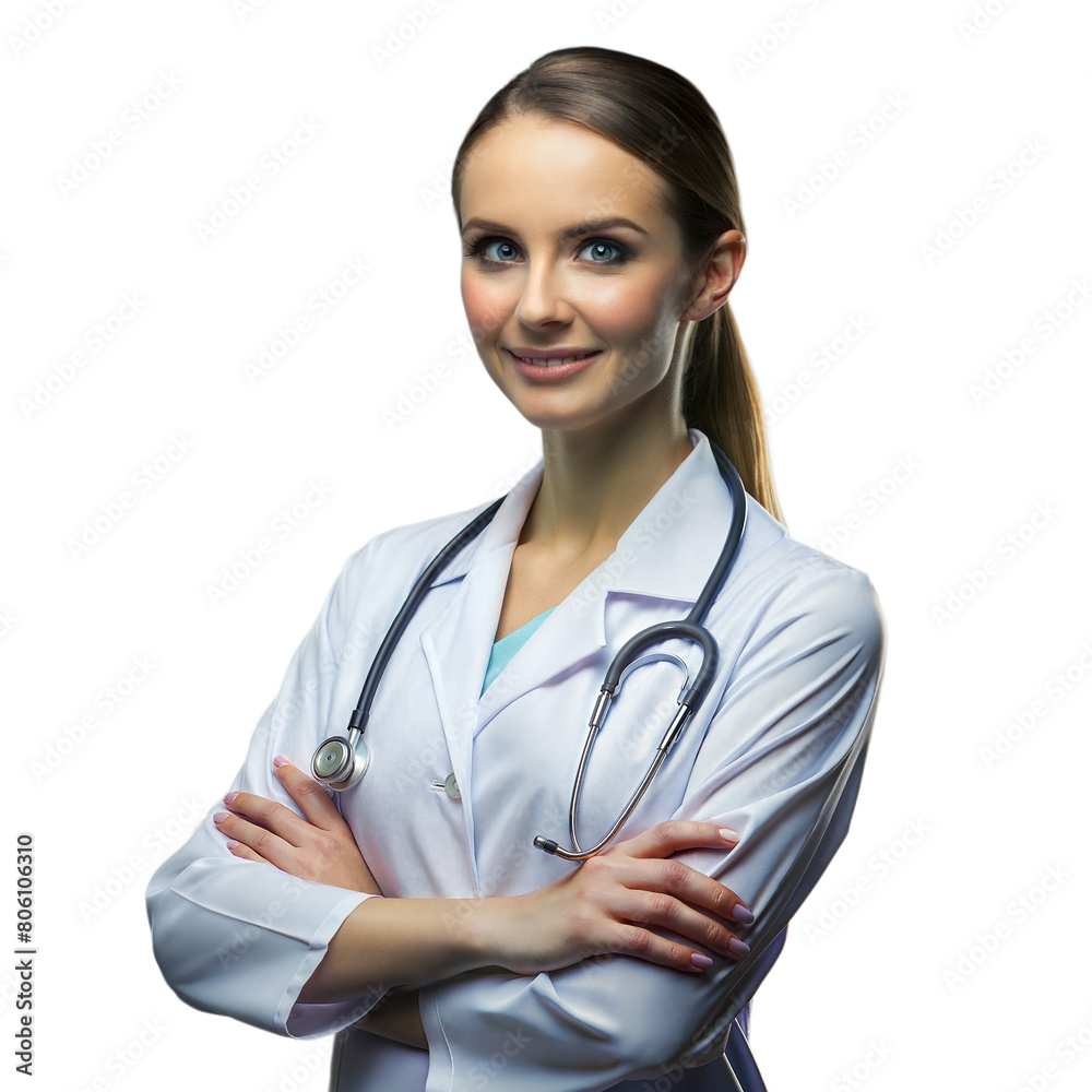 A smiling female doctor in a lab coat stands with crossed arms A smiling female doctor in a lab coat stands with crossed arms