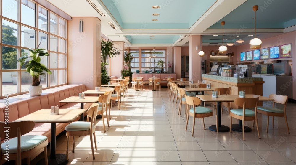 Pink and blue retro diner interior with large windows