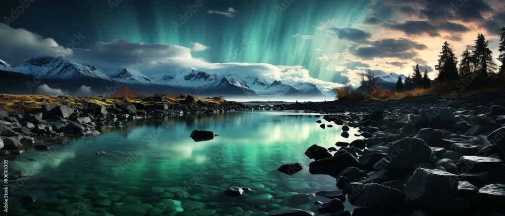 Aurora borealis landscape with mountains and lake