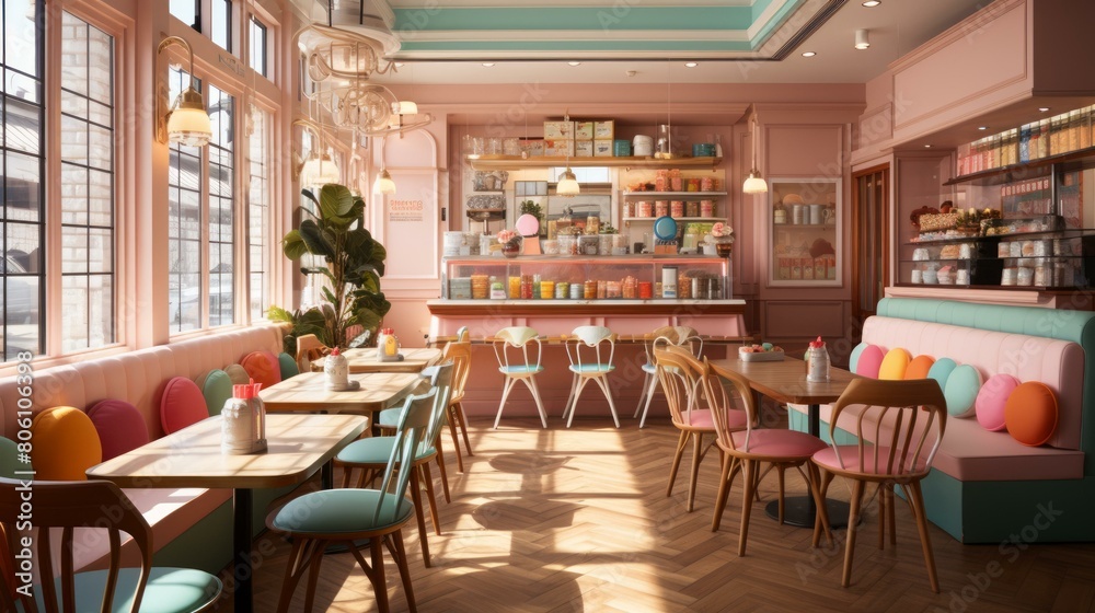 Pink and mint green retro diner interior with pink banquettes and mint green chairs