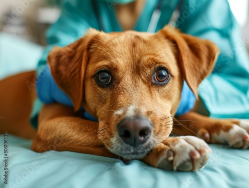 Close up of a cute brown dog with a white spot on its chest lying on an examination table at the vet's office