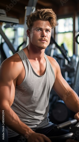 Handsome muscular man in a gray tank top sitting on a gym machine
