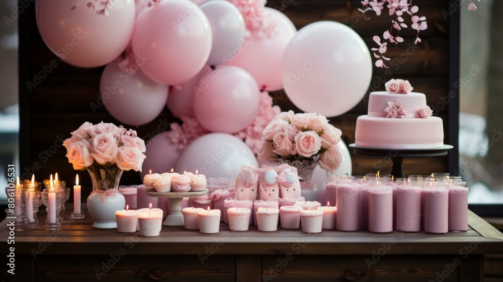 Pink and white birthday party decoration Pink and white birthday party decoration