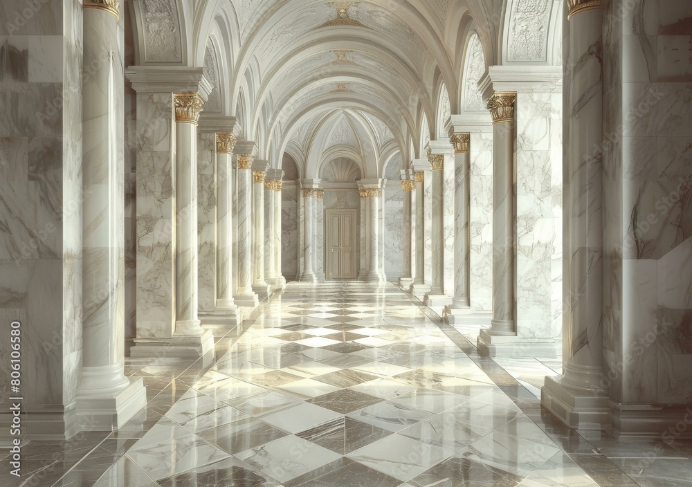 ornate hallway with marble columns and coffered ceiling