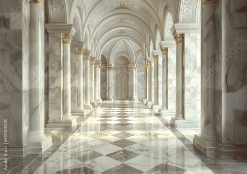 ornate hallway with marble columns and coffered ceiling © Adobe Contributor