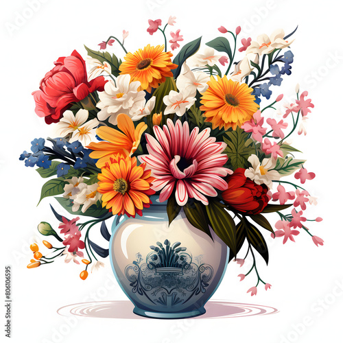 A beautiful modern clip art of a beautiful Flower Ceramic urns  freshy colourful  overflowing with assorted blooms and greenery  beautiful wedding style  single objects  isolated on white background.