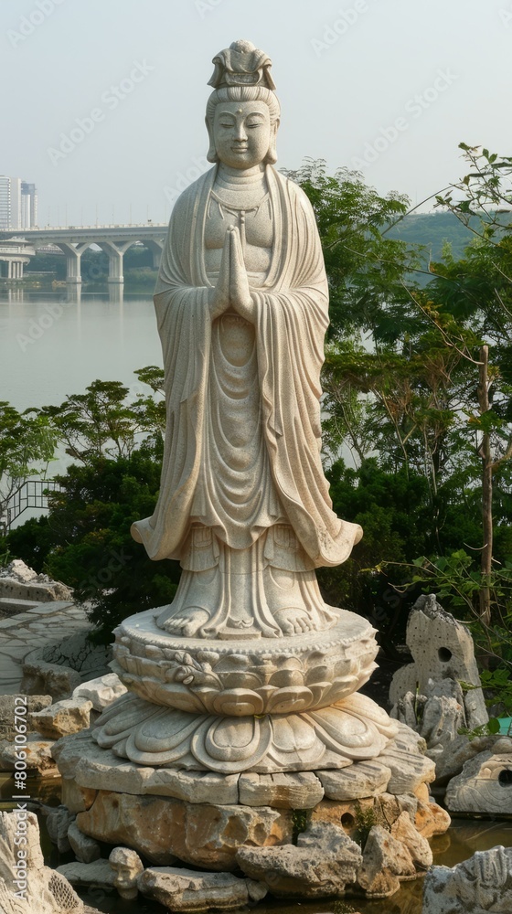 White marble statue of Guanyin, the goddess of compassion White marble statue of Guanyin, the goddess of compassion