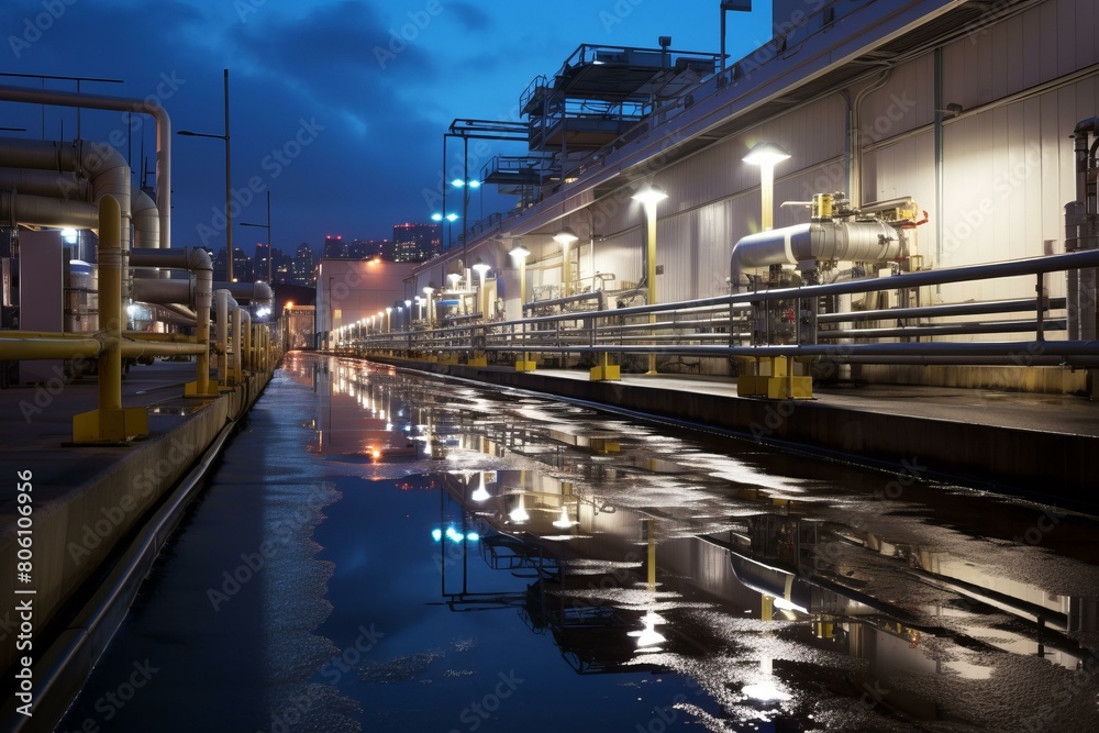 An industrial cityscape at night with a long wet corridor with pipes and catwalks on both sides and a puddle reflecting the lights