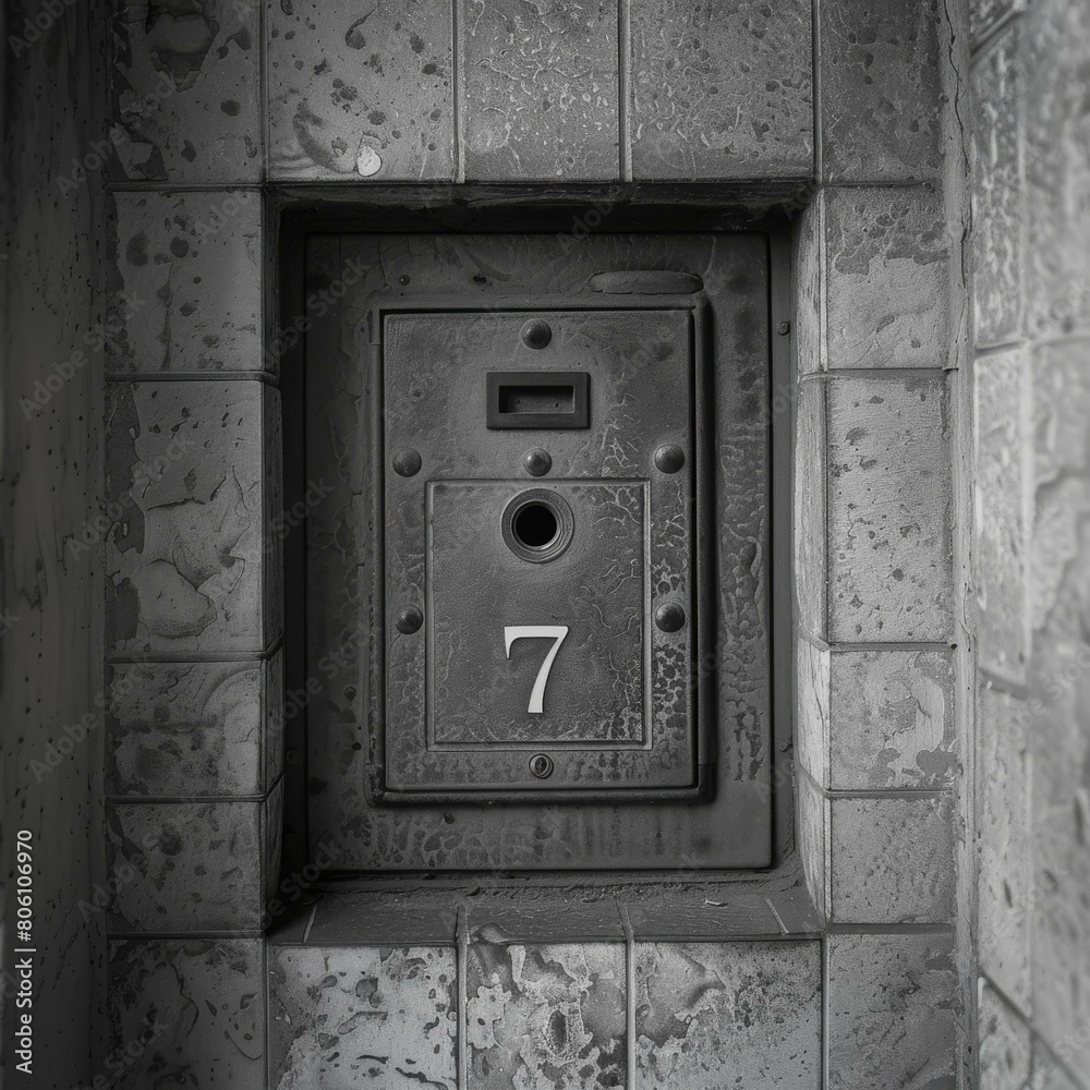 Black and white image of a peephole in a rusty metal door Black and white image of a peephole in a rusty metal door
