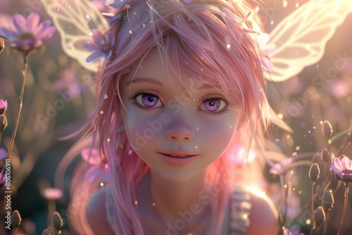 A girl with pink hair and a flower crown on her head