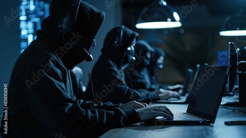 Call center scammer concept. Swindler criminals in black hood wearing mask and headsets and using computer in a call center office. photo