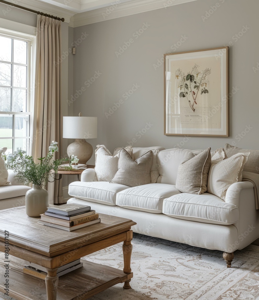 Fototapeta premium Elegant living room with neutral sofa and botanical art
