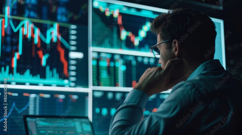 A businessman studying stock performance charts, making informed decisions for investment portfolios and financial growth. A businessman studying stock performance charts, making informed decisions for investment portfolios and financial growth.