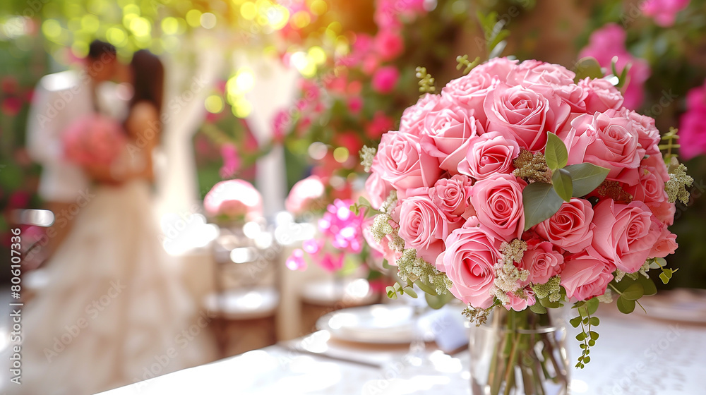 A bride and groom are standing next to a large bouquet of pink roses
