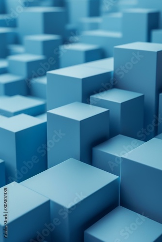 Blue abstract 3D rendering of a cityscape with many small and large boxes