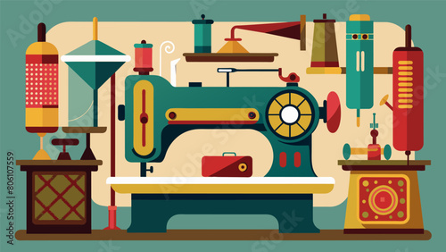 The nostalgia of sewing vacations past brought to life with a vintageinspired display of antique sewing machines.. Vector illustration