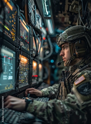 Soldier operates advanced military technology in a command center