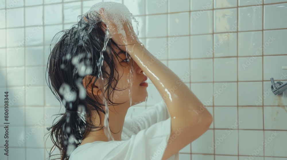 Asian woman washing her hair in the bathroom white tile background. Asian woman washing her hair in the bathroom white tile background.