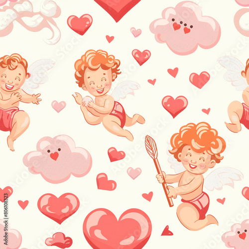 Hearts Kisses Cupid Pink Clouds Love Seamless Pattern Illustration  Seamless Pattern