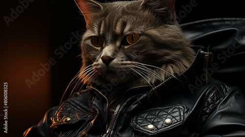 A gray cat wearing a black leather jacket photo