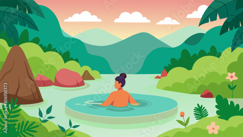 Relaxing in a natural hot spring surrounded by lush greenery and soaking in the healing mineral waters..