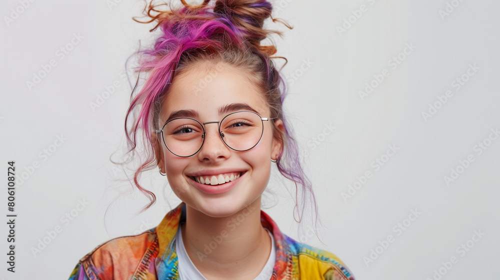 Beautiful yandere girl glasses with purple hair on gray background. a smiling teenage girl with a creative and bright hairstyle, casually dressed in creative clothes, concept  teenage self-expression