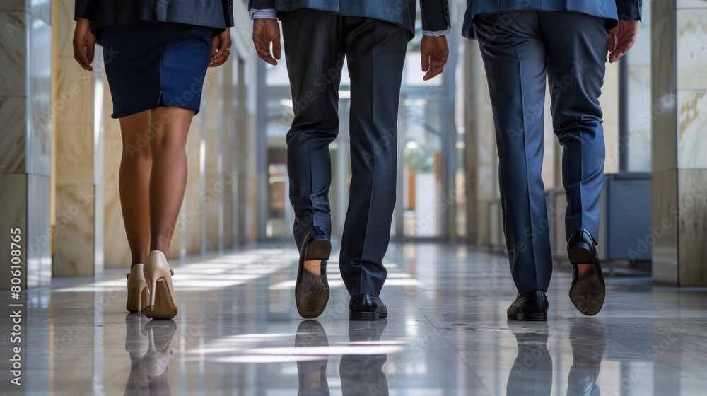 Three business men and women in suits walking side by side at office building, Teamwork, Colleague, Team Management. Three business men and women in suits walking side by side at office building, Teamwork, Colleague, Team Management.