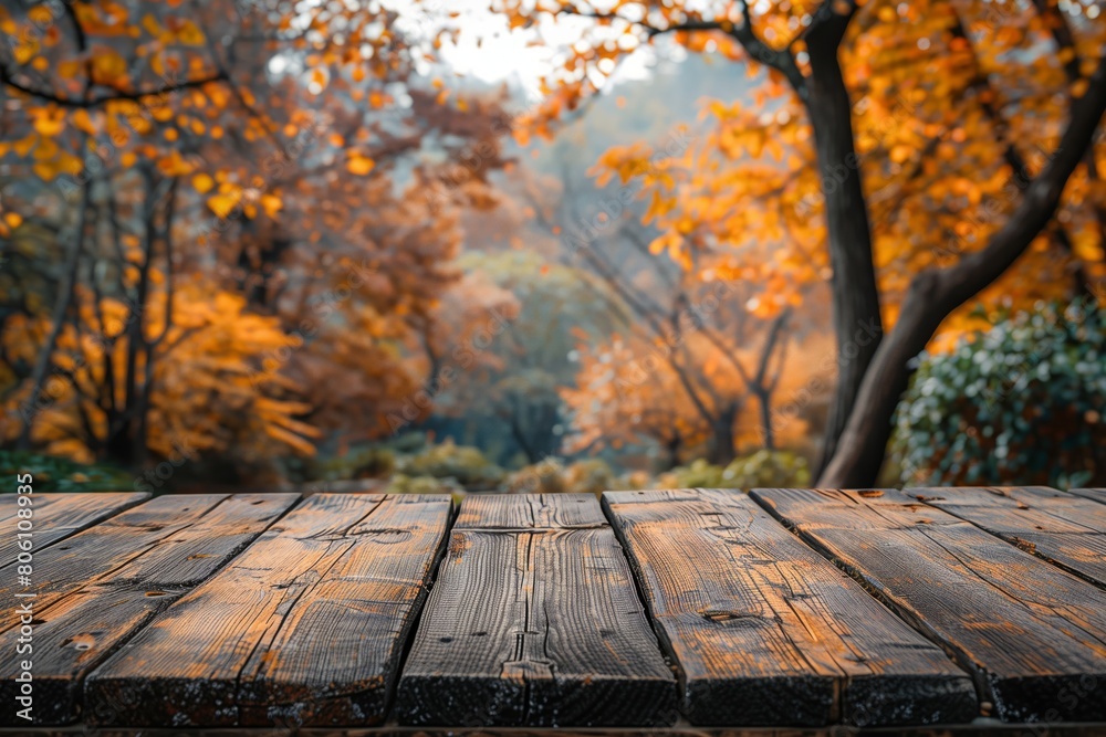 The empty wooden table top with blur background of autumn. The empty wooden table top with blur background of autumn.