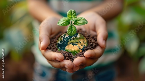 A pair of hands holding a green plant with the globe visible in the background, representing global conservation efforts , Generative Ai 
