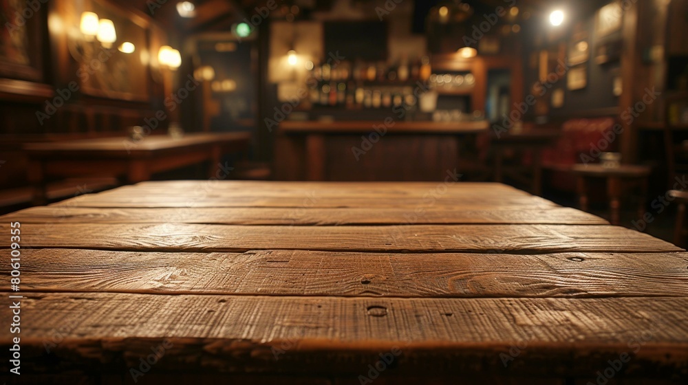 An empty wooden table in a bar or tavern setting