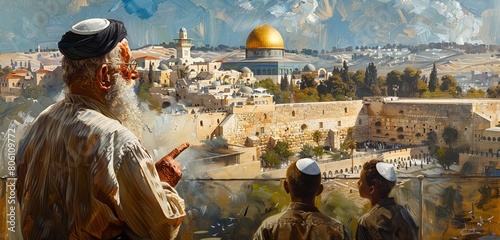 Illustration of Jerusalem with Temple Mount and Rabbis. AI Generative
