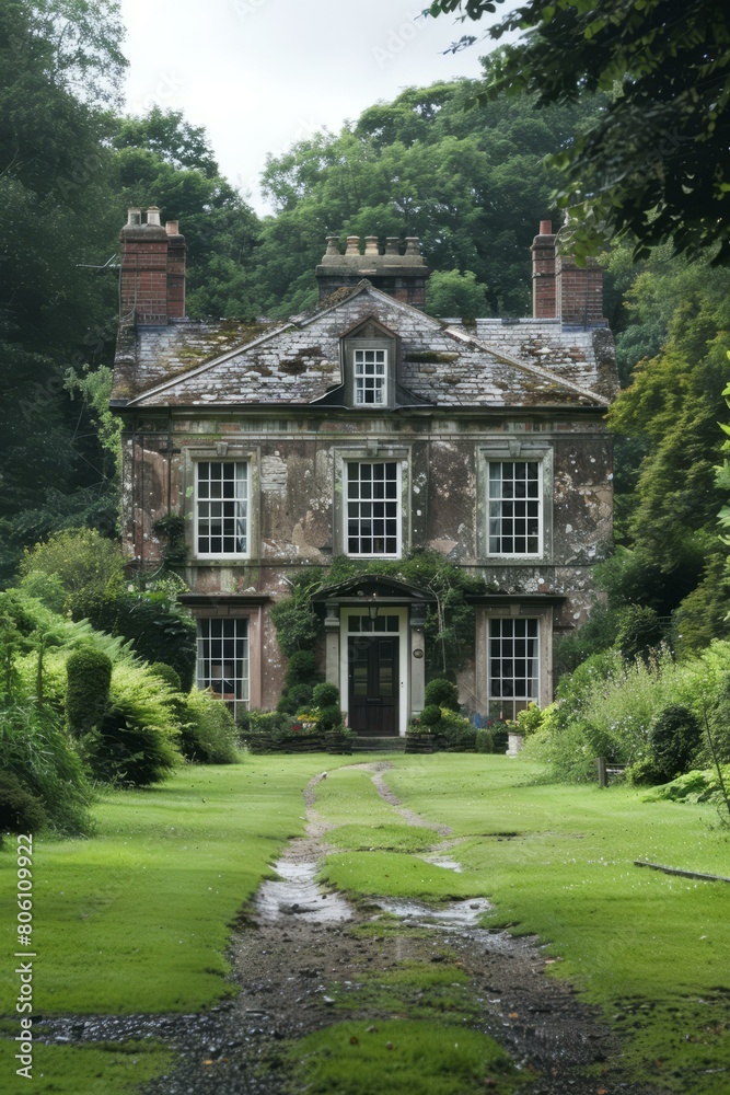 A beautiful old stone house surrounded by trees and a garden