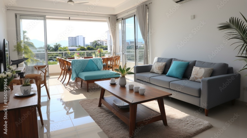 Fototapeta premium Modern living room with large windows and a view of the city