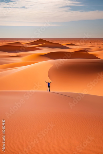 a lonely man stands among the sands and spreads his arms towards the sun, generated by Ai