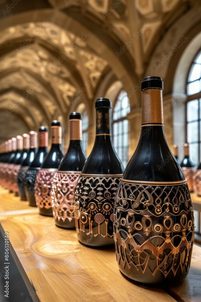 Black wine bottles with golden metal mesh