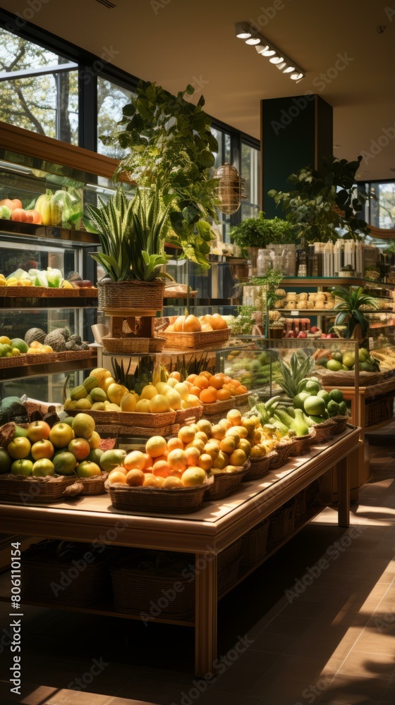 Fresh and organic fruits and vegetables in a grocery store