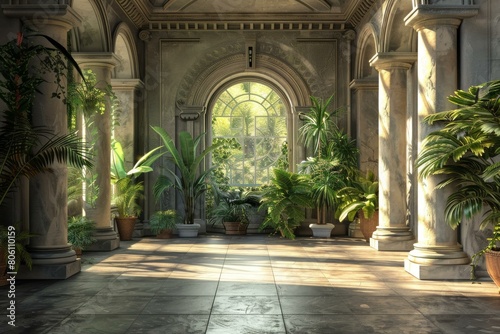 Plants in a beautiful greenhouse with large windows photo