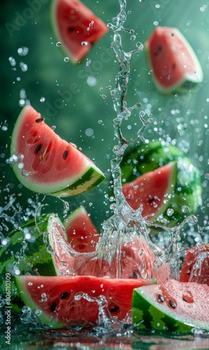 Watermelon slices falling into water