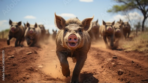 A group of happy pigs running on a dirt road