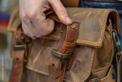 Close-Up of a Hand Fastening a Leather Bag Strap 