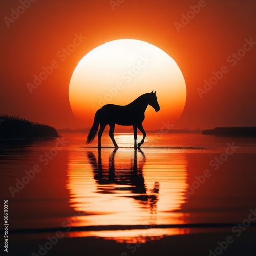 Silhouette of a horse against the background of a sunset. © Andbiz