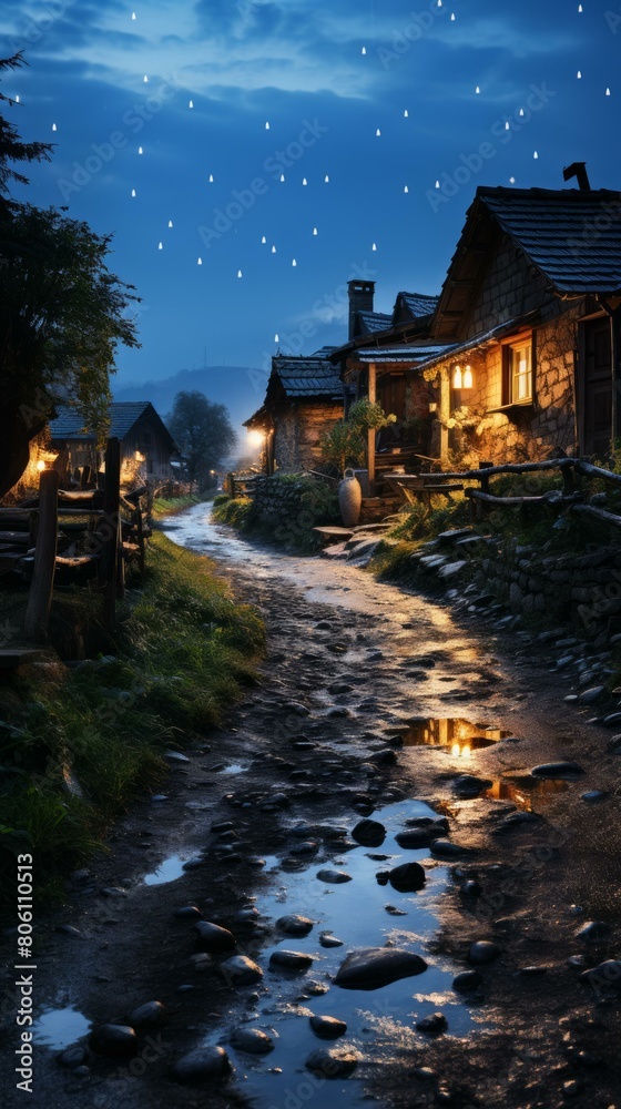 Fototapeta premium A cobblestone street in a small village with traditional stone cottages on both sides and a starry night sky
