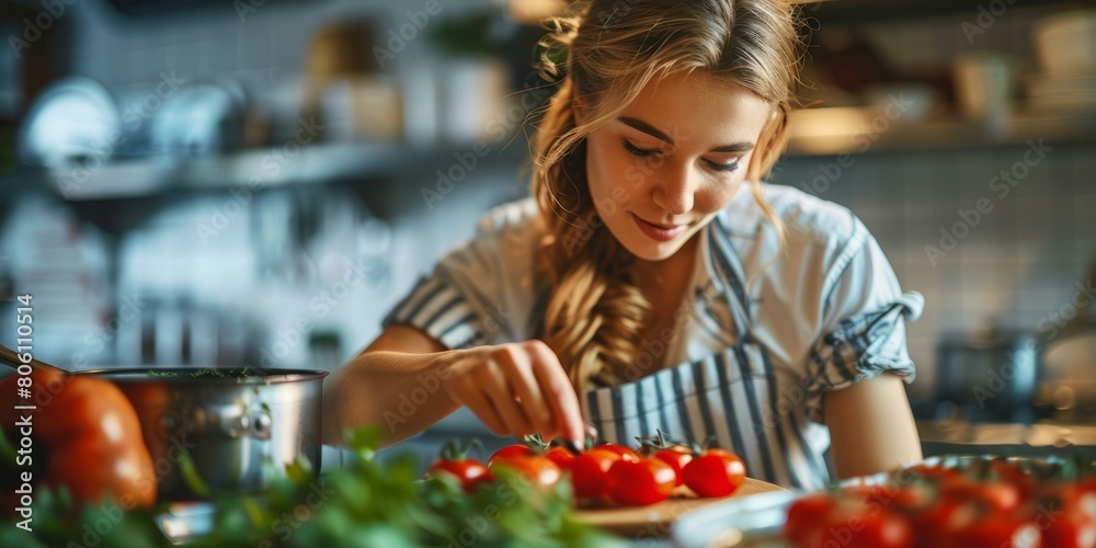 Young woman preparing ingredients for cooking in the kitchen